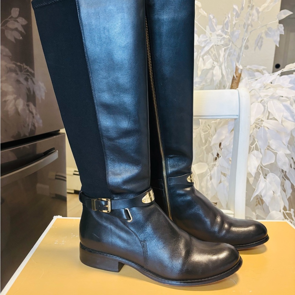 Michael Kors Arley Black Tall Riding Boots with Gold Accent. Size 9